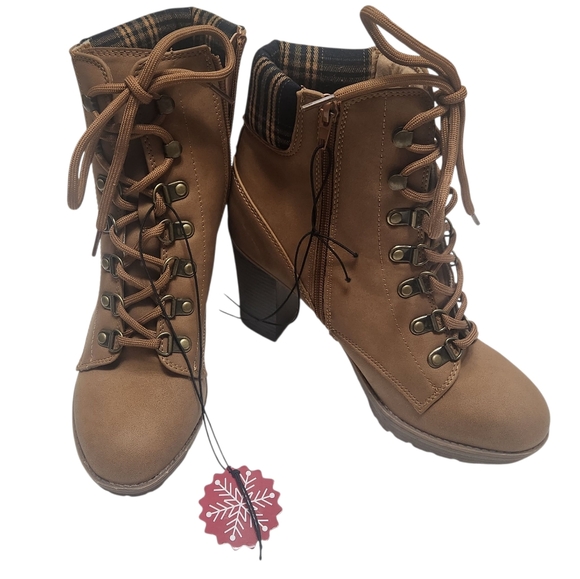 Andiamo Shoes - Andiamo Lace-Up Boots Women’s 8.5M Brown Plaid Trim Boho Chic NEW